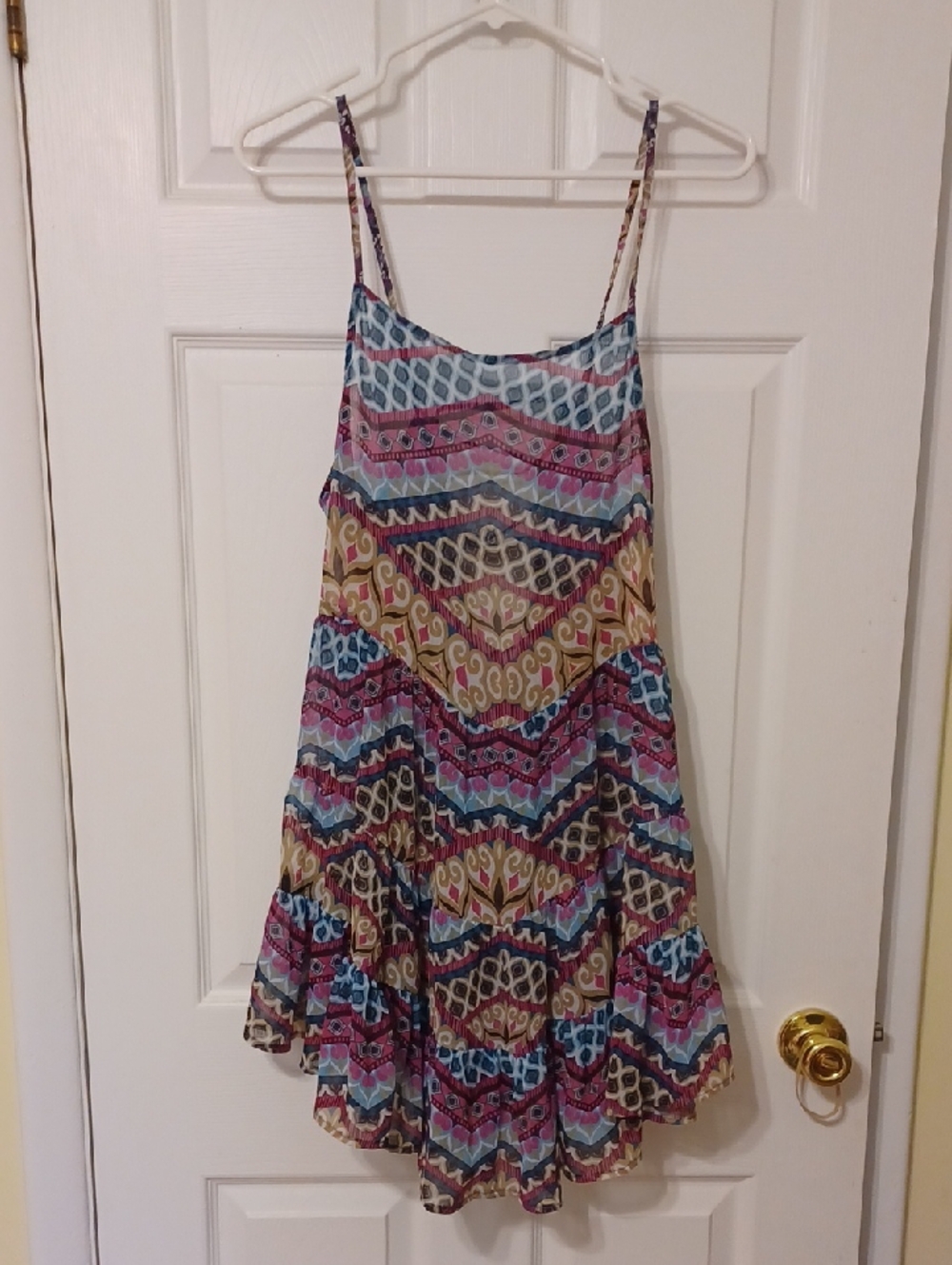 BECCA sz S, Multicolor Geo Print Sheer Beach Coverup/mini Dress